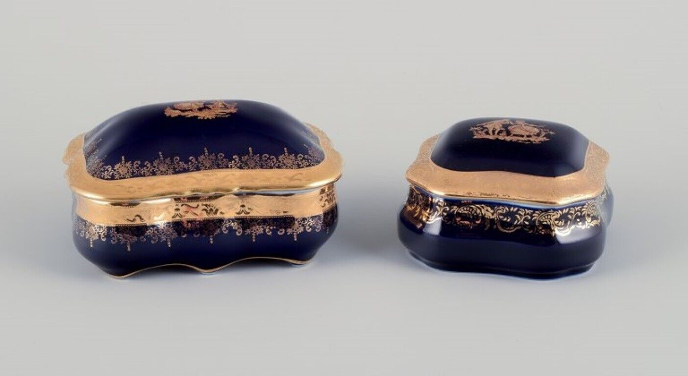 Limoges France Two porcelain boxes with blue glaze and gold decoration 1970s