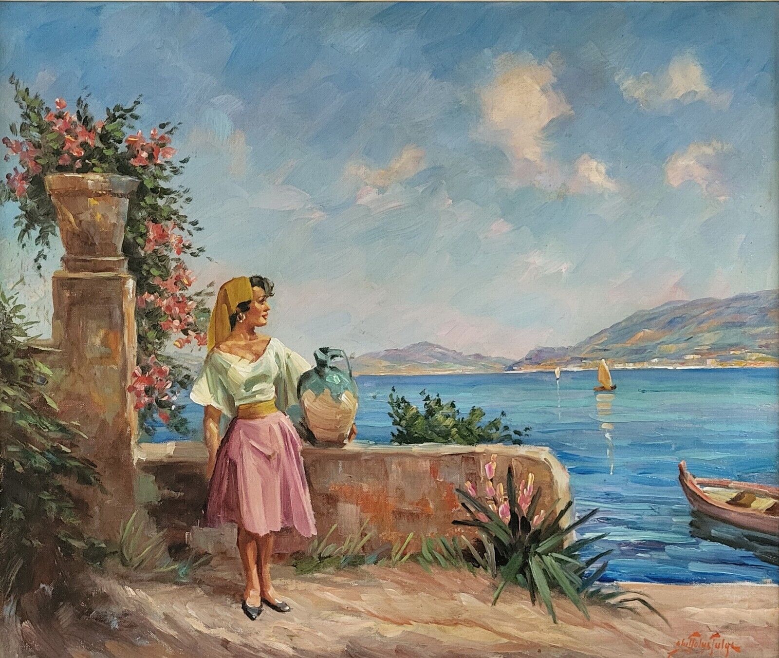 Oil painting Christian Aabye Talge (1898-1973):Italian woman looking at the bay