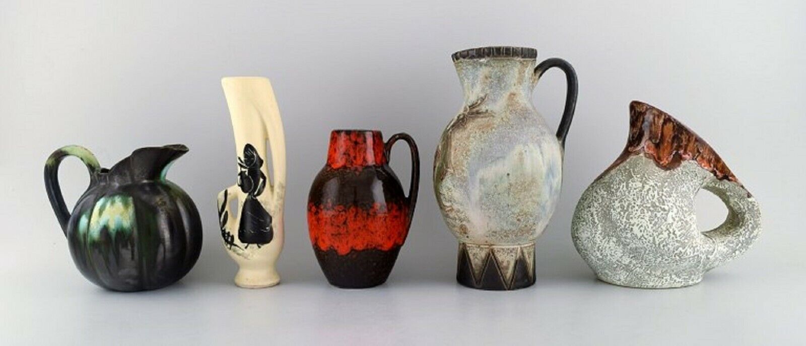 Five retro jugs in glazed ceramics Beautiful glazes and shapes Belgium 1960s