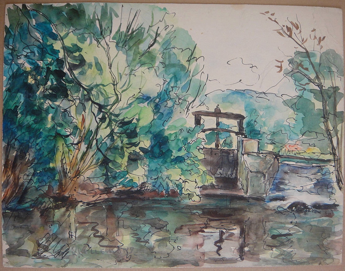 Louis Lallemand watercolor Lake in a French landscape with sluice c1940