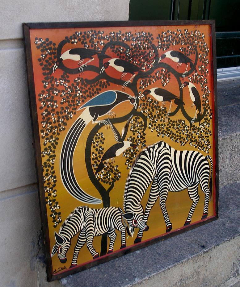 M SAIDI Zebras and birds Rare early Tingatinga oil East Africa