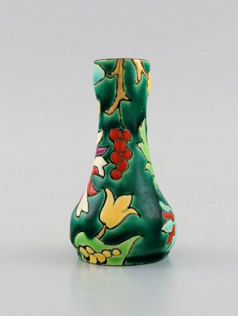 Longwy France Art Deco vase in glazed stoneware with hand-painted flowers