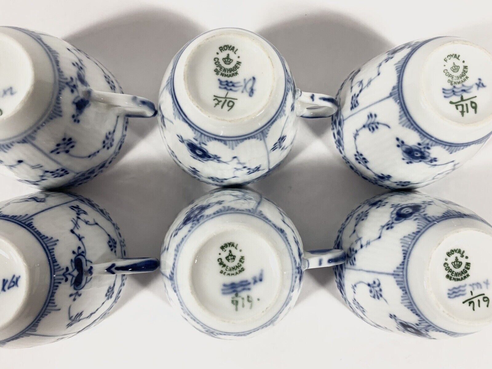 6x Royal Copenhagen Blue Fluted Half Lace  719 Coffee Cups  Saucers Set