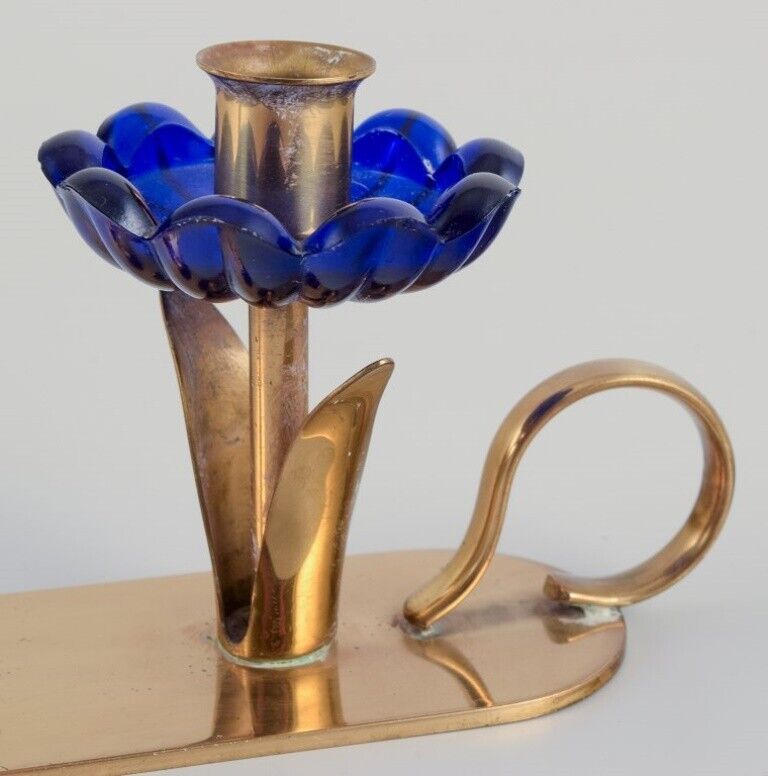 Gunnar Ander for Ystad Metall Candlestick holder in brass and blue art glass