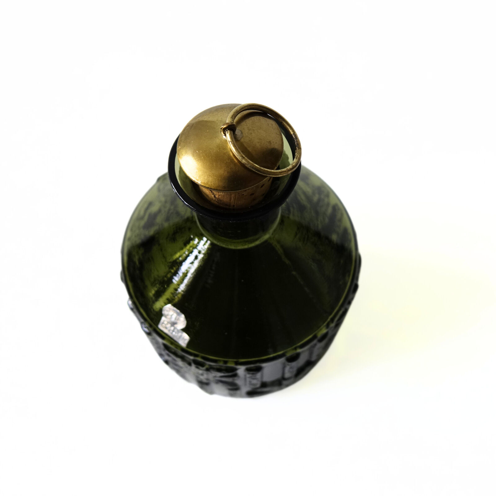 Vintage green glass decanter with cork and brass lid from SKRUF Sweden