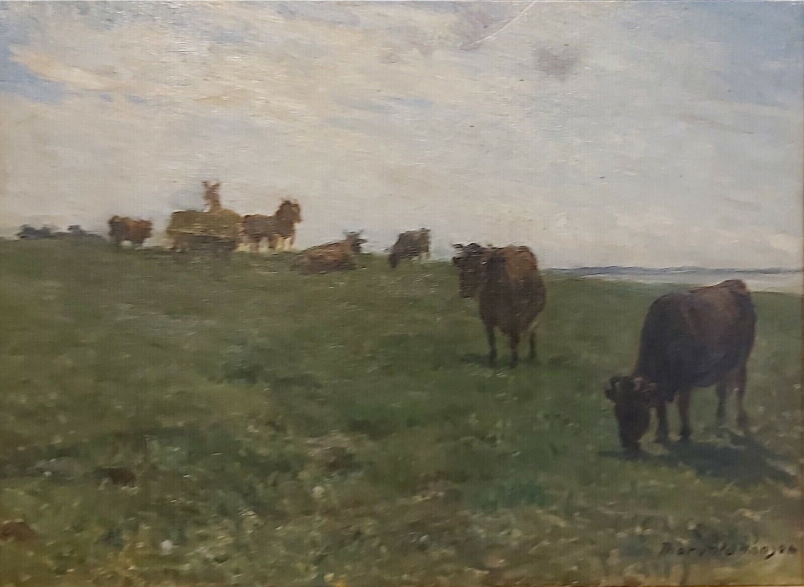 Thorvald Hansen (1878-1955): GRAZING COWS ON GREEN MEADOW FARMER HORSE CART