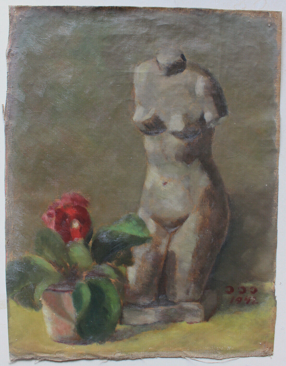 Still life with flower and sculpture Venus torso Monogrammed 1942