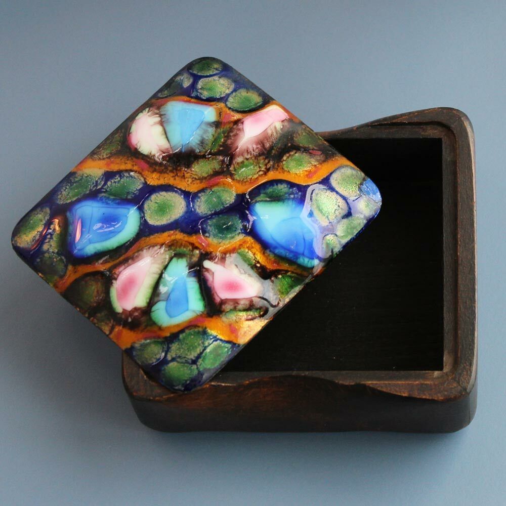 Wood Box with Enamel Lid Blue / Green Vintage MADE IN DENMARK1960s