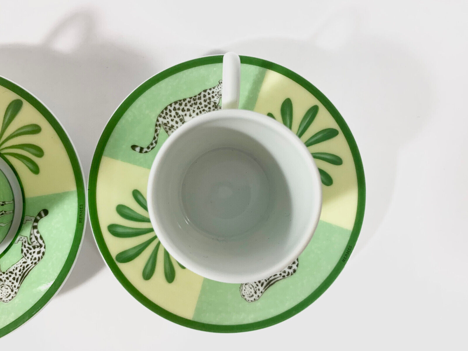 2x Hermes Africa Green Demitasse Espresso Coffee Cup and Saucer