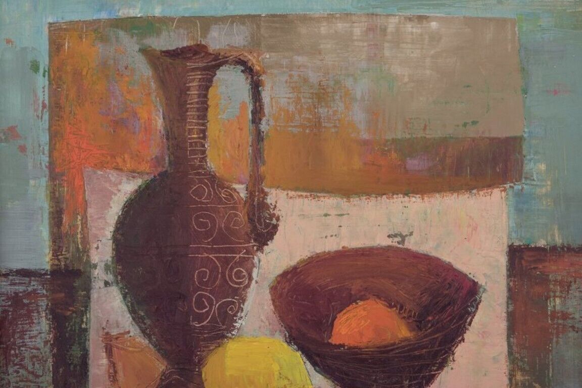 Swedish artist Oil on board Modernist still life with a pitcher and lemon