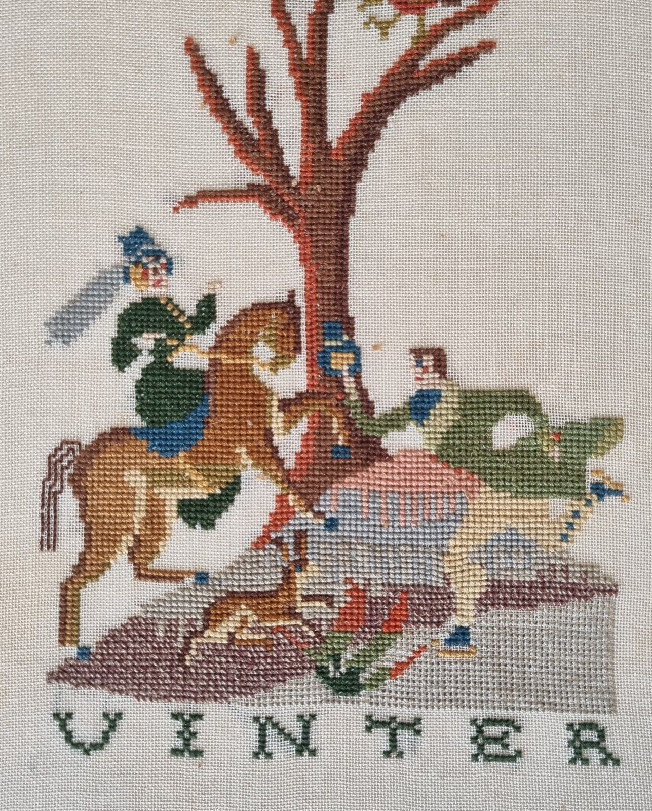 Vintage DANISH needlework Four Seasons midcentury c 1950 semi antique