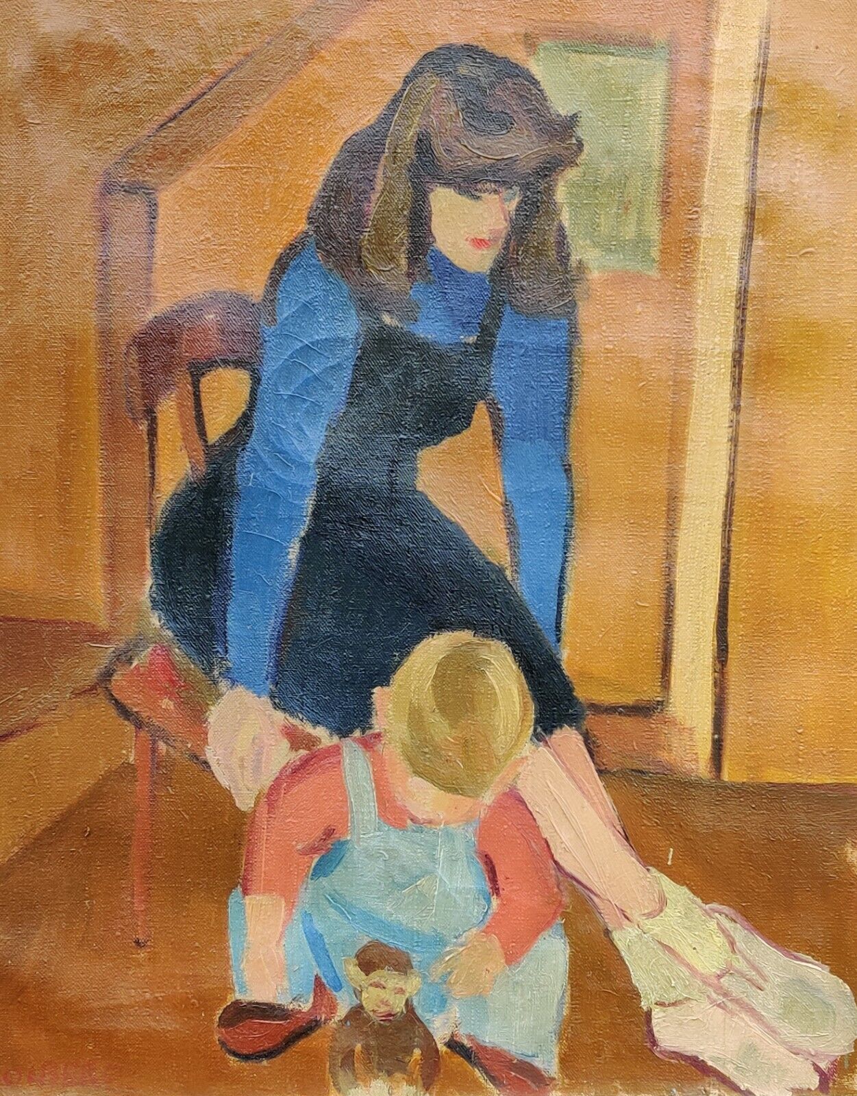 Arne Søiberg (1916-1995): YOUNG WOMAN WITH PLAYING CHILD original oil painting