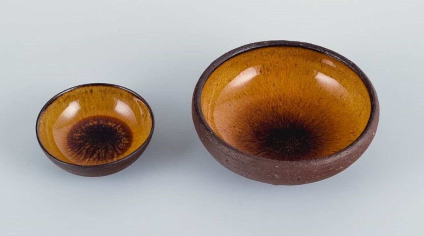 Osa Denmark Two small retro unique ceramic bowls with yellow-brown glaze