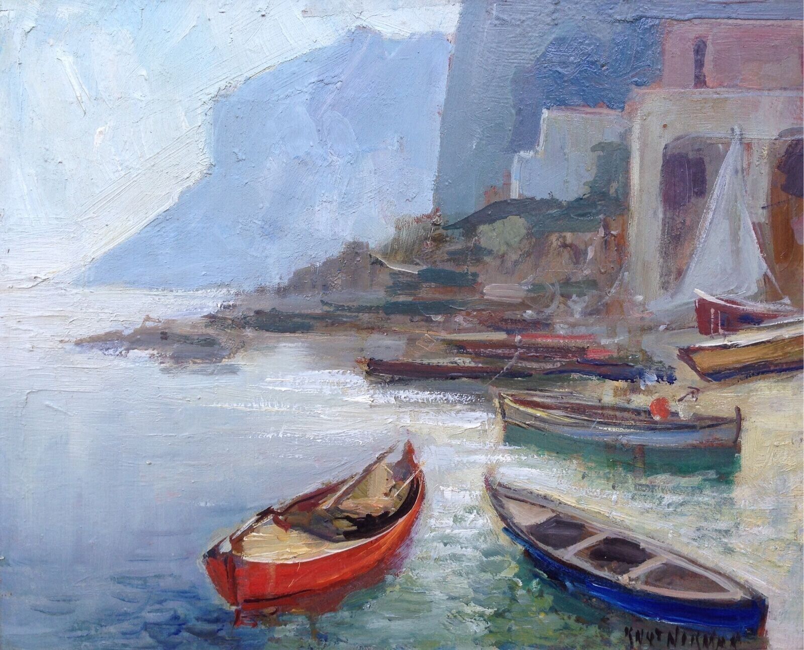 Knut Norman (1896-1977): BOATS IN A ROCKY COAST COVE Beautiful painting listed