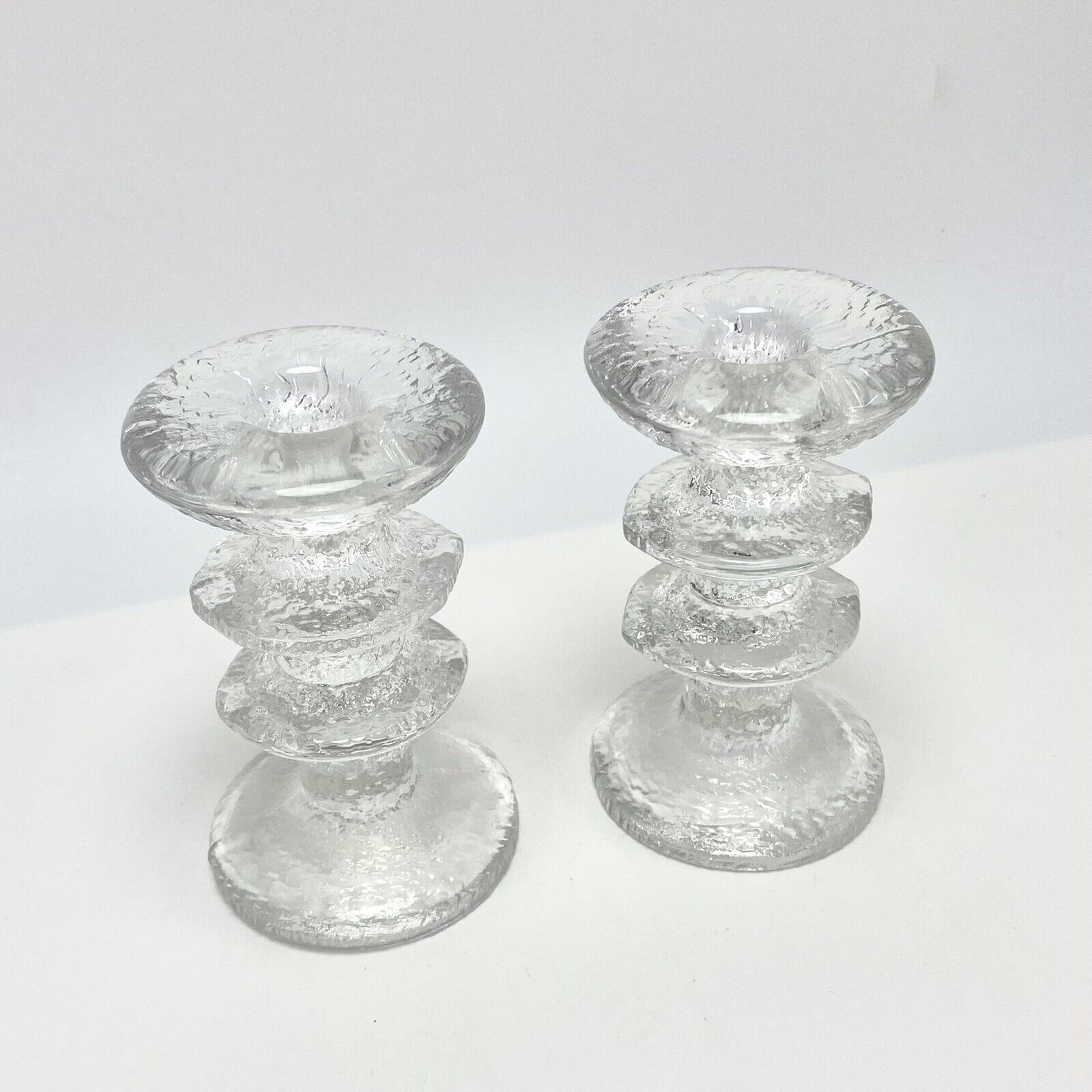 Pair Vtg 2-Ring Iittala Festivo Candlesticks Timo Sarpaneva Clear Crystal Glass