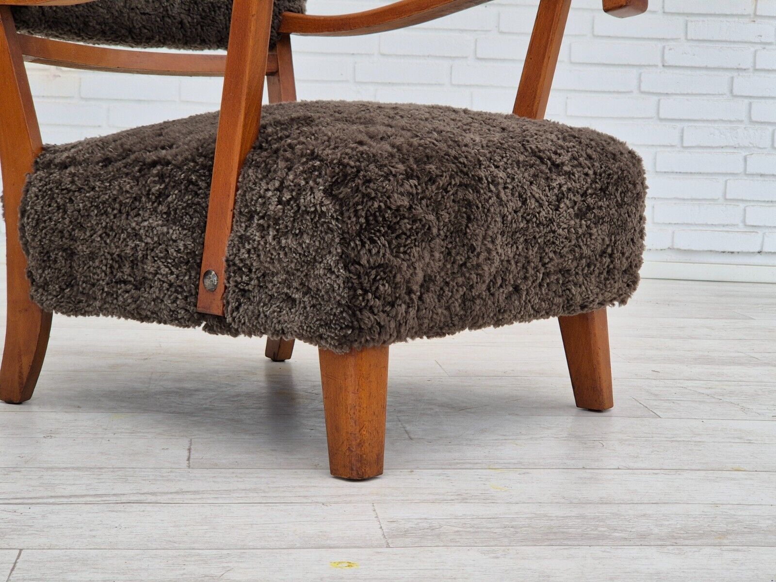 1950s Danish design reupholstered armchair New Zealand sheepskin oak wood