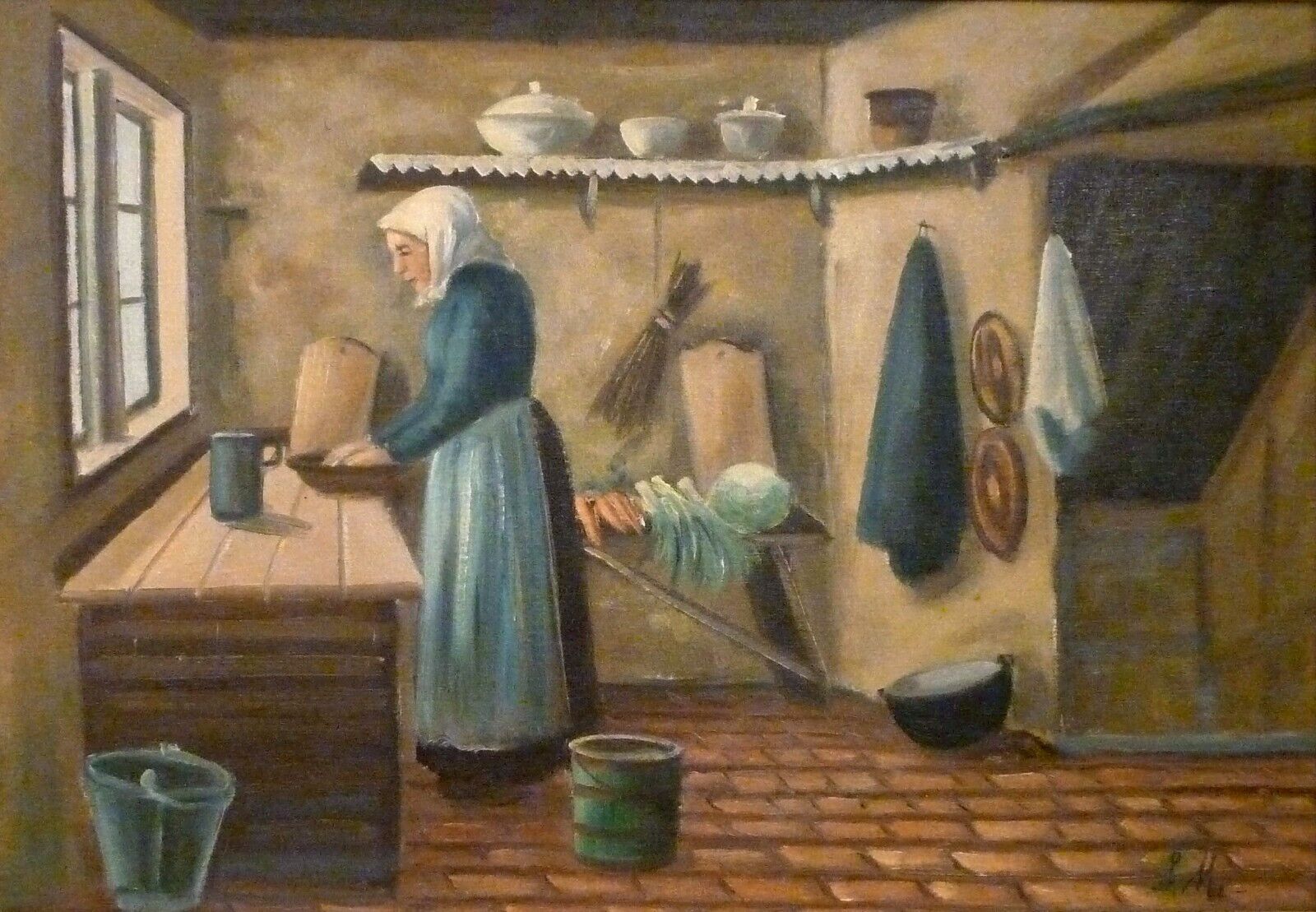 MONOGRAM SIGNED! INTERIOR WITH WOMAN IN THE KITCHEN