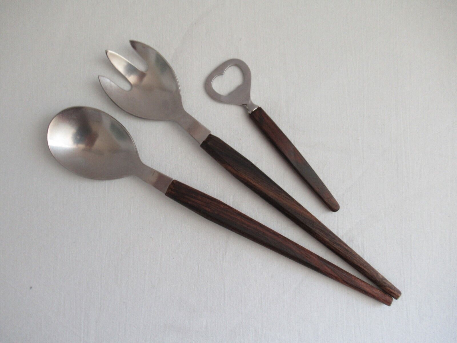 Vintage scandinavian mid century modern salad cutlery utensils with teak handles