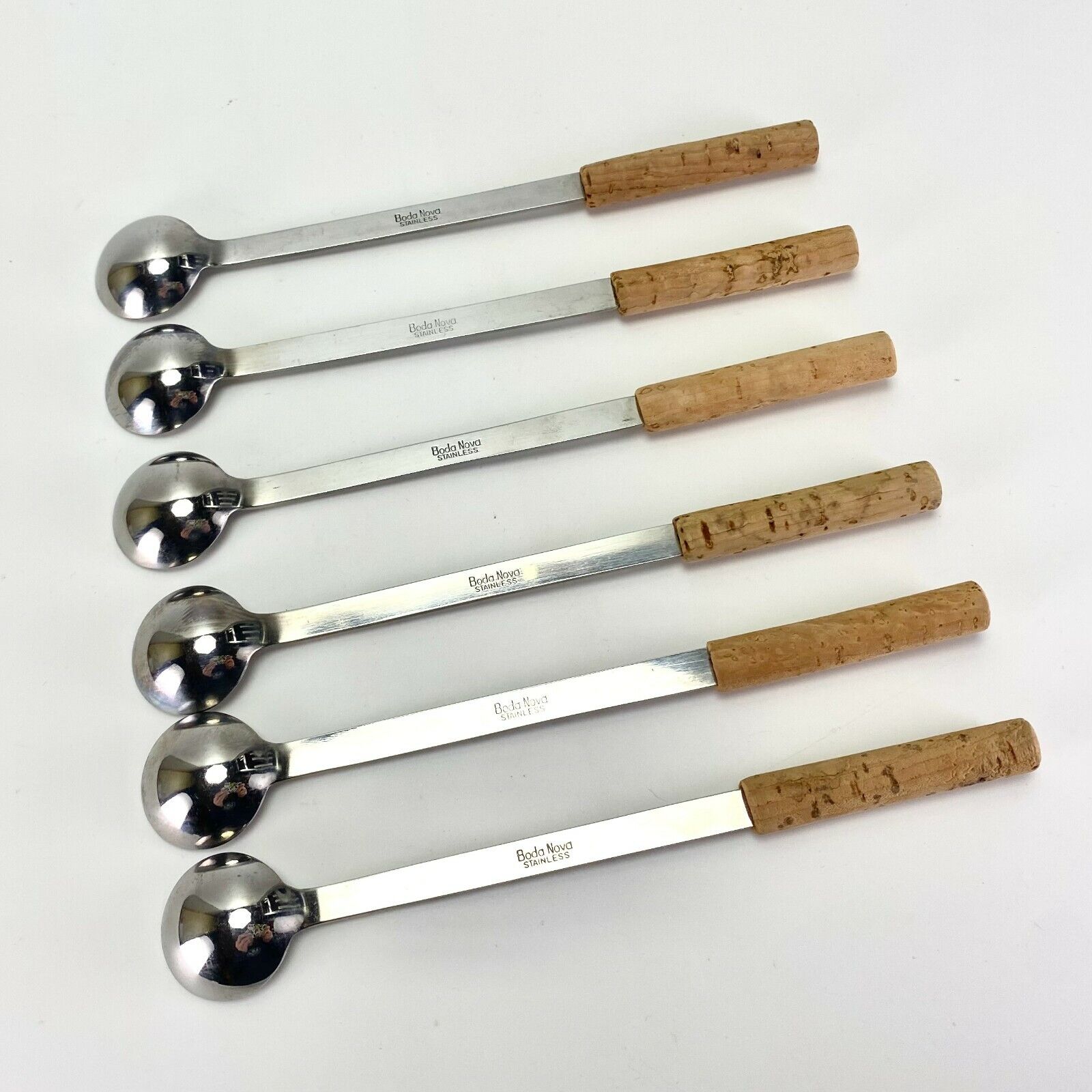 6pc MCM Vtg Signe Persson Melin Boda Nova Sweden Hot Drink Long Spoon Cork Steel