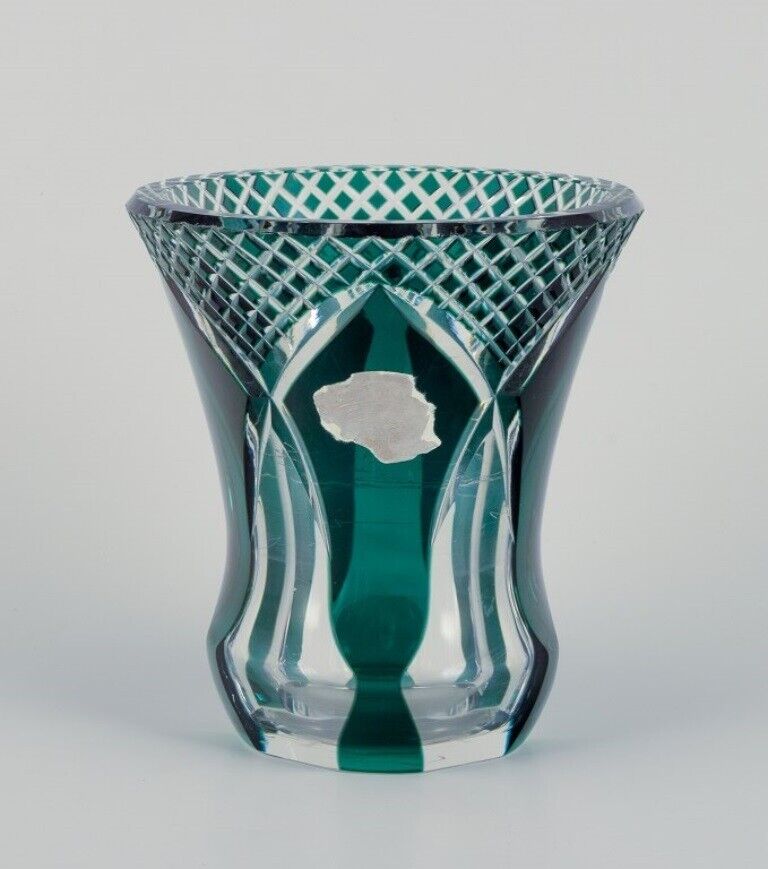 Val St Lambert Belgium Faceted crystal vase in green and clear glass