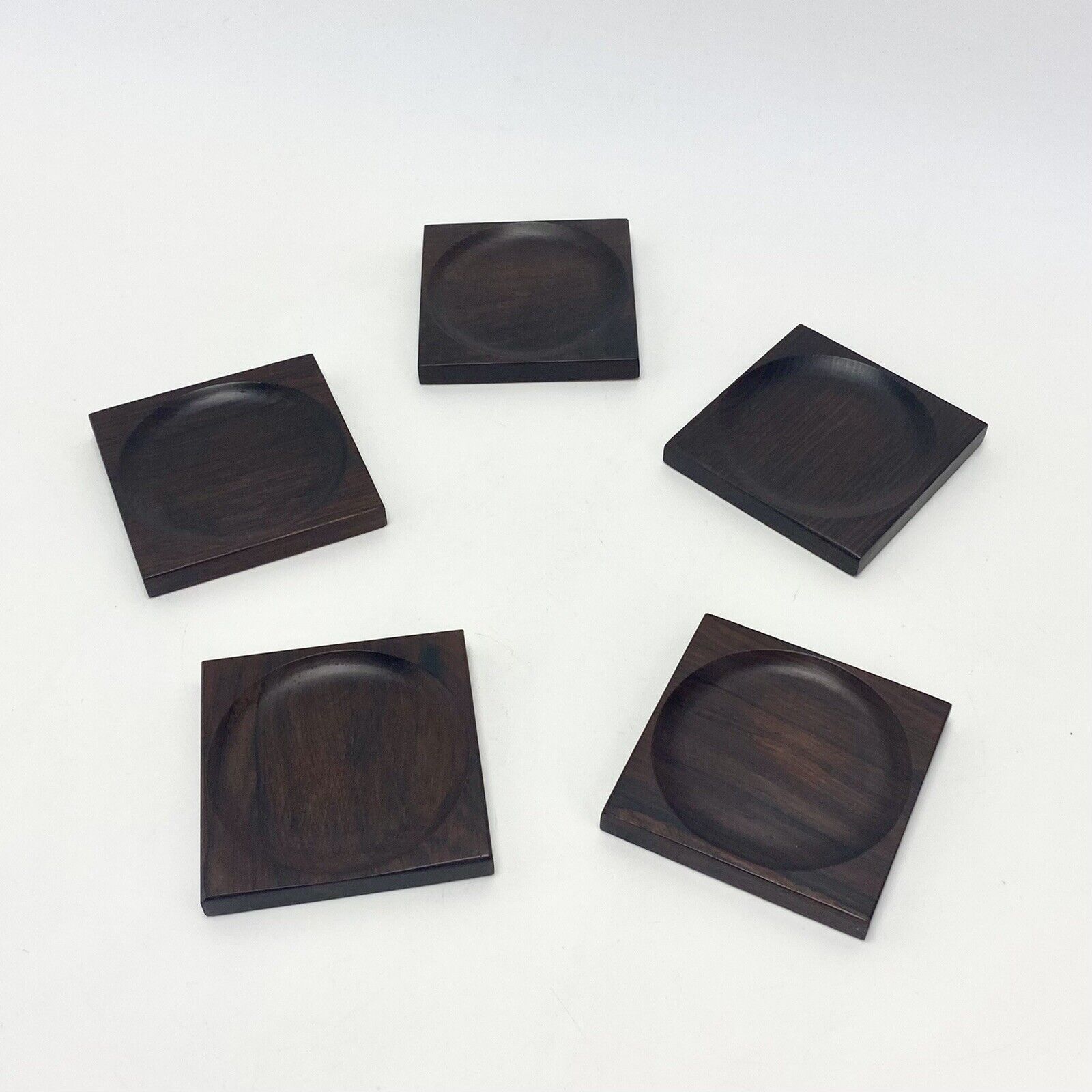 Set of 5 Vtg Mid Century Modern Danish Square Rosewood Glass Coasters Barware