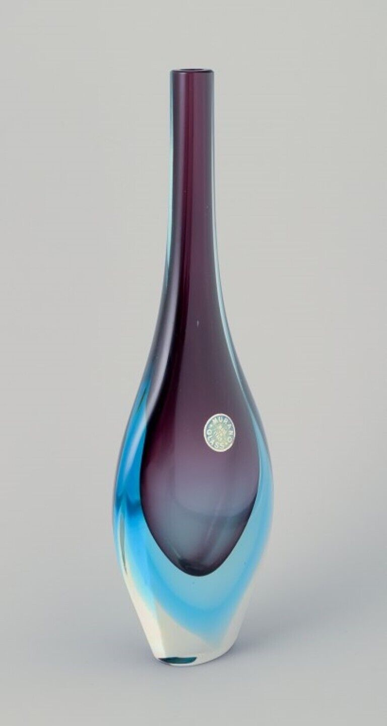 Murano Italy Art glass vase with a slender neck Blue and purple glass