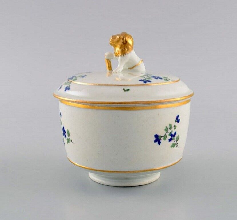 Antique German sugar bowl in hand-painted porcelain with flowers and gold edges