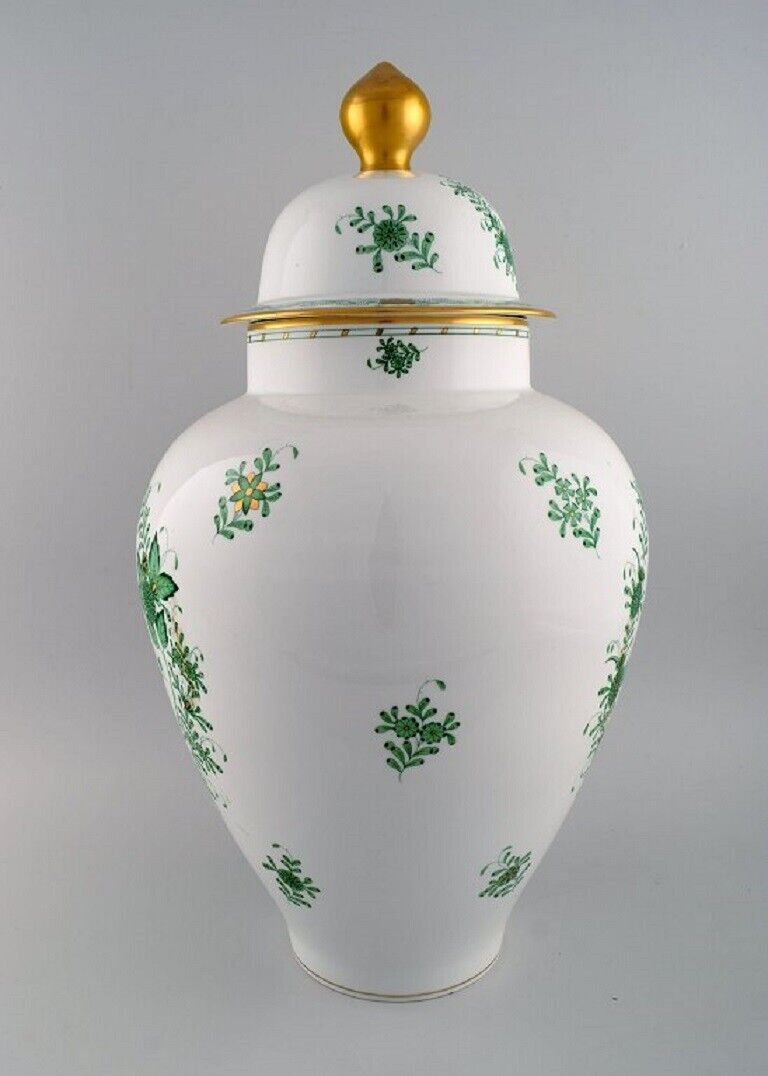 Giant Herend Chinese Bouquet lidded porcelain vase with green flowers