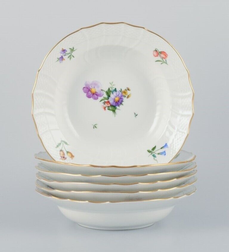 Royal Copenhagen six Saxon Flower deep plates in porcelain