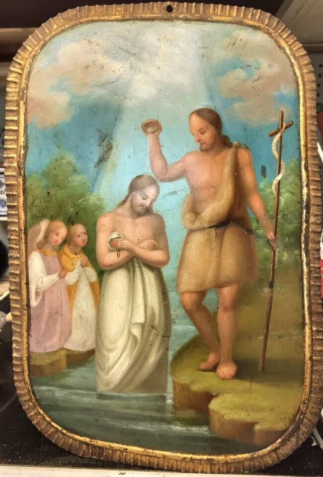 Baptism of Jesus Original Antique Oil Painting on Metal