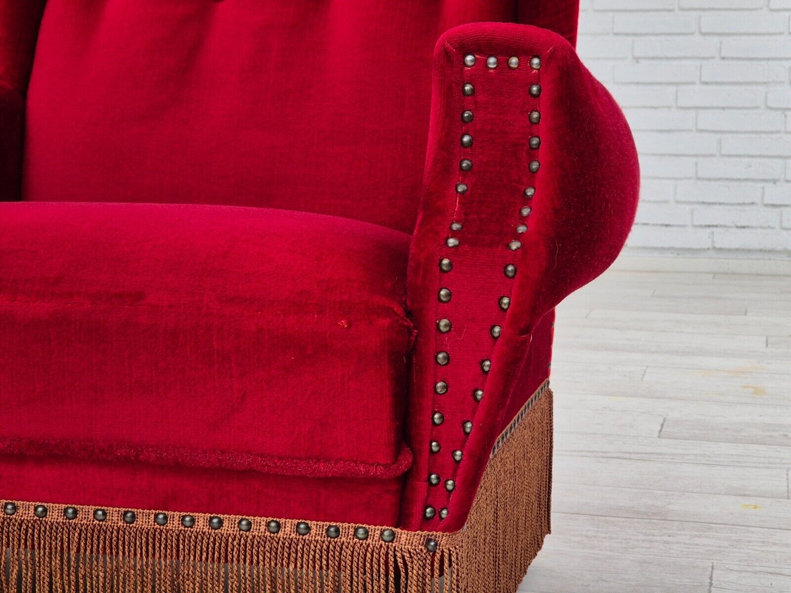 1960s Danish wingback armchair original furniture velour oak wood legs