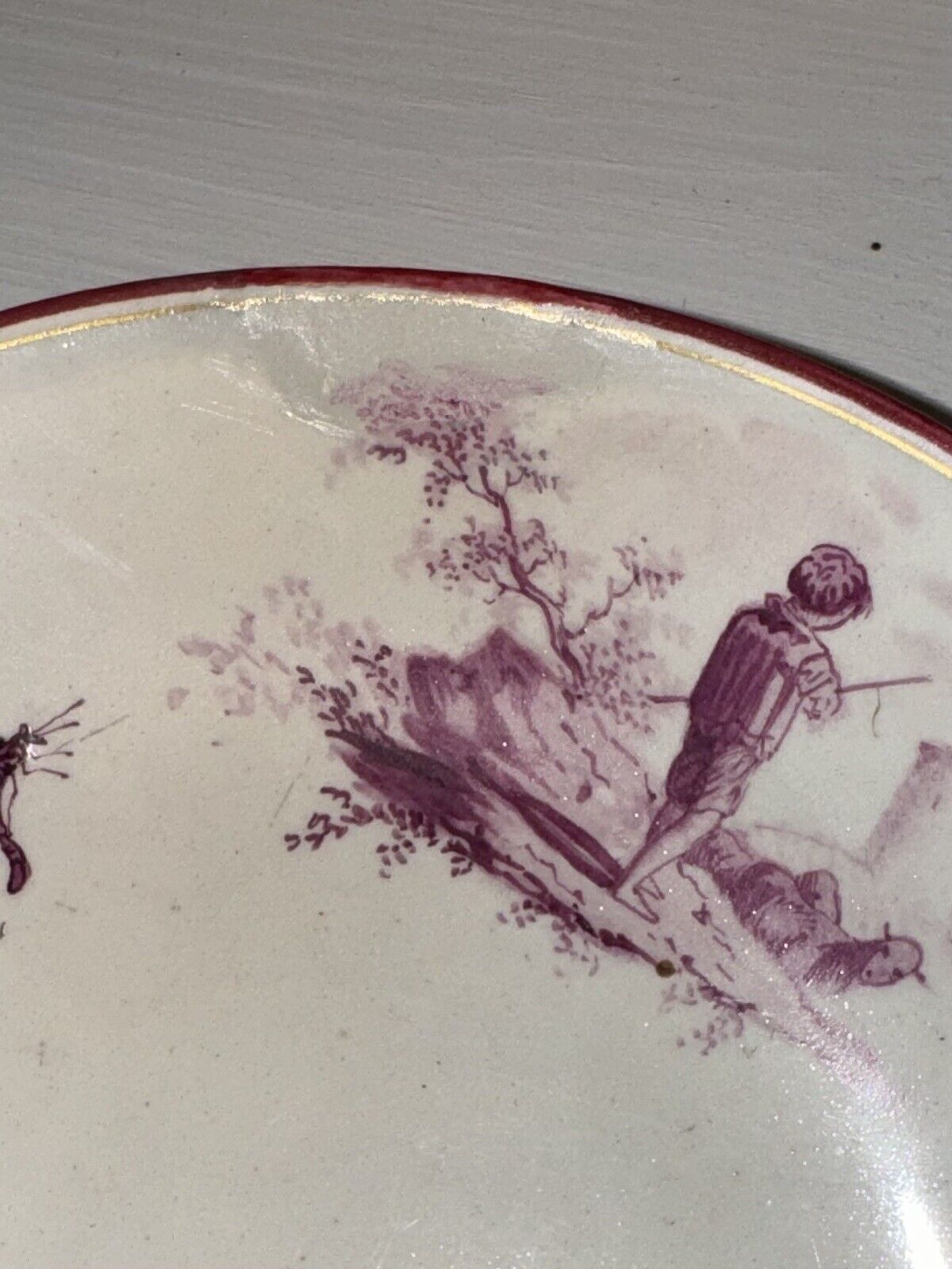 Charming Antique Cup And Saucer With Purple Romantic Scene England c 1800