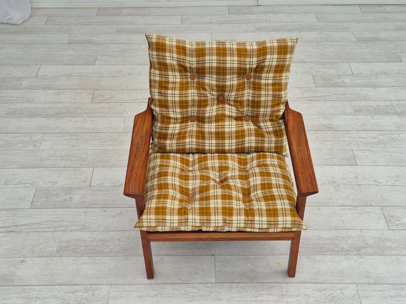 1970s Danish lounge chair original condition furniture wool fabric teak wood