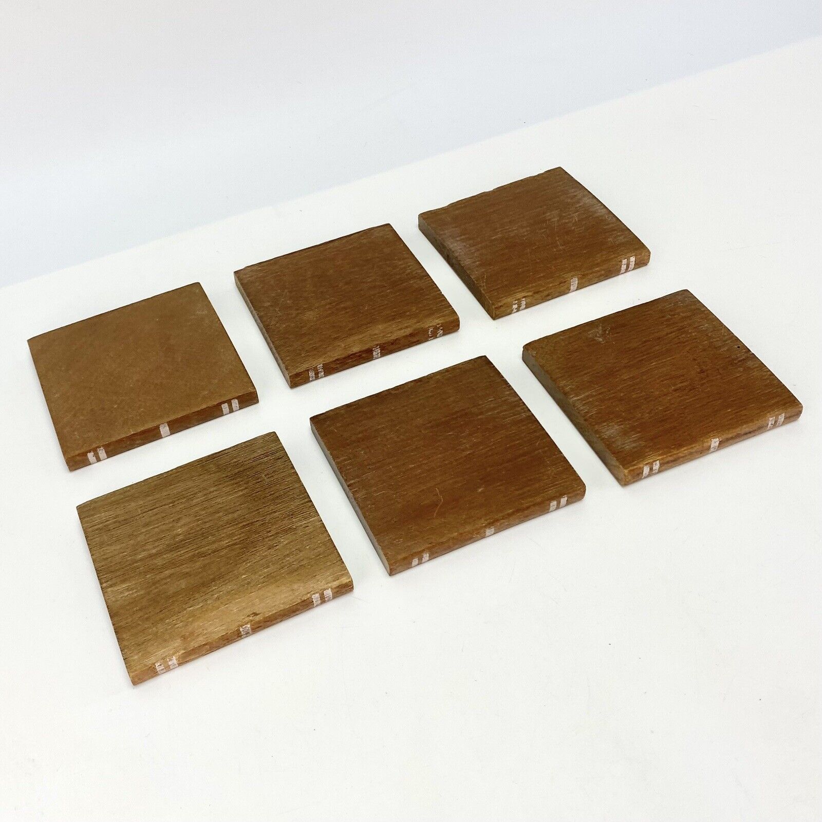 Set of 6 Novelty Book Stack Teak Wood Glass Coasters Barware MCM Danish