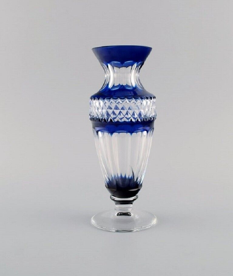 Bohemian glass vase in clear and blue art glass Classic style Mid-20th century