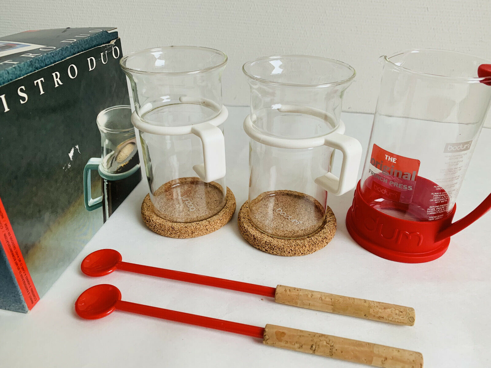 Set of 5 Bodum vintage mugs teaspoons with cork handles and milk jug Picards