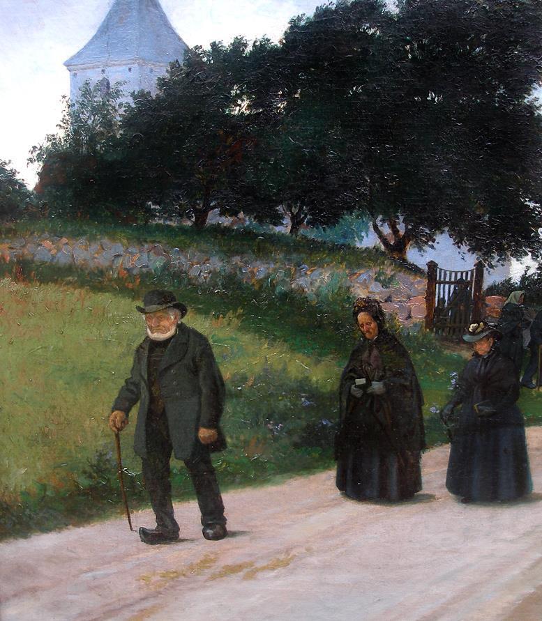 Alfred Larsen (1860) Return From Church Rare exhibition oil from 1888