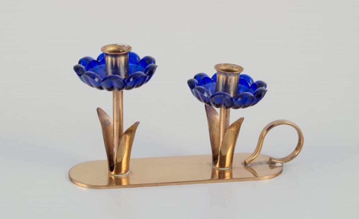 Gunnar Ander for Ystad Metall Candlestick holder in brass and blue art glass