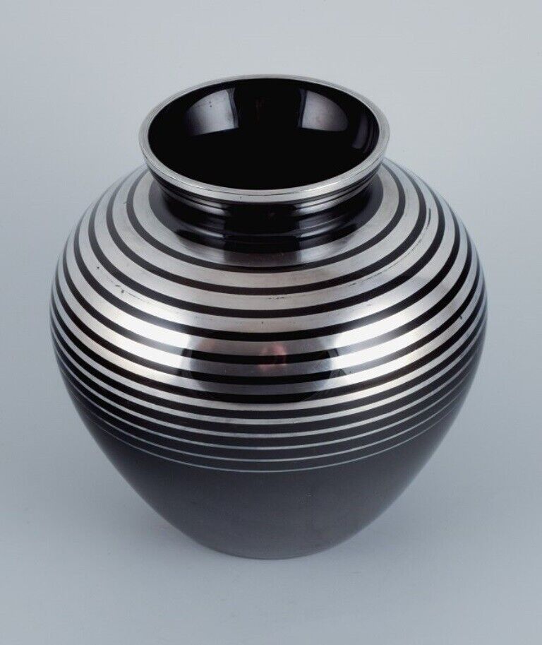 Art Deco glass vase with horizontal silver inlays 1930/40s