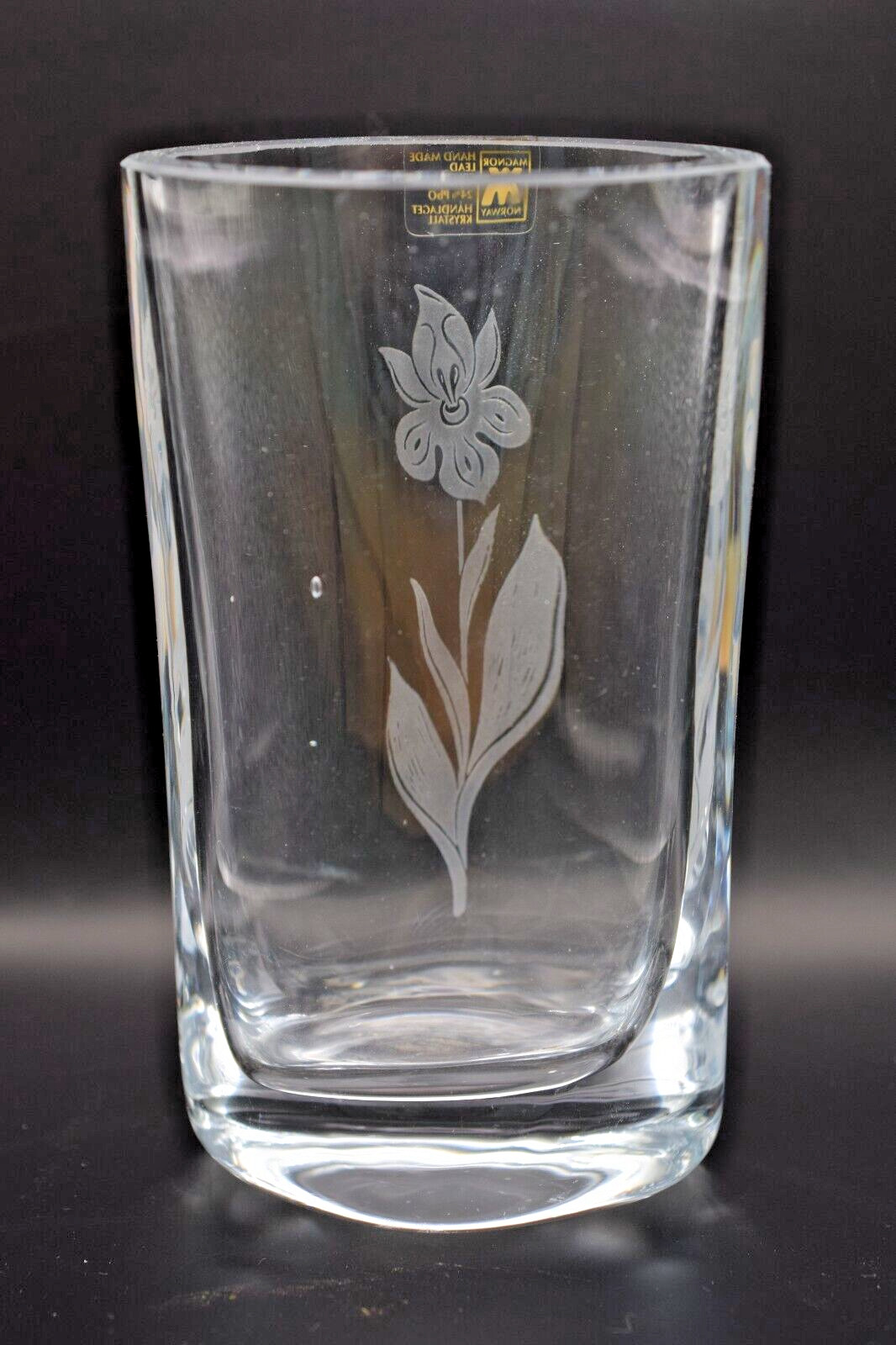 Magnor Norway Hand-Made Lead Crystal Art Glass Etched Flowers Small Vase 6" Tall