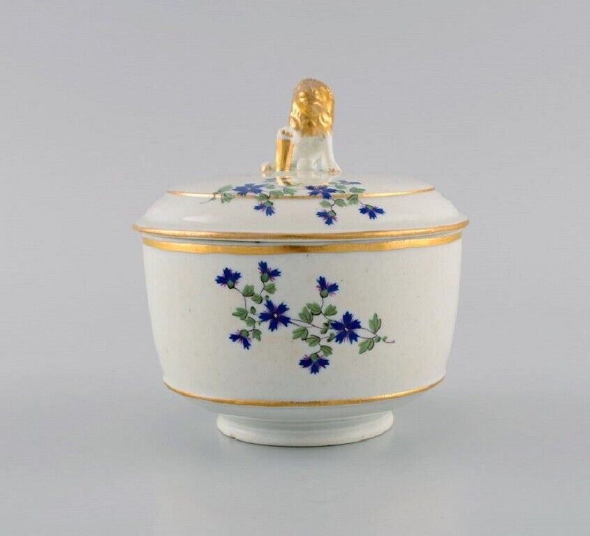 Antique German sugar bowl in hand-painted porcelain with flowers and gold edges