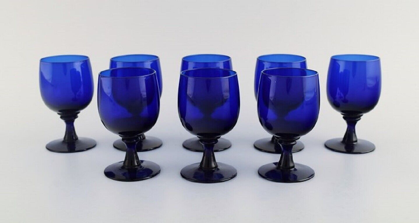 Monica Bratt for Reijmyre Eight sherry glasses in blue art glass 1950's