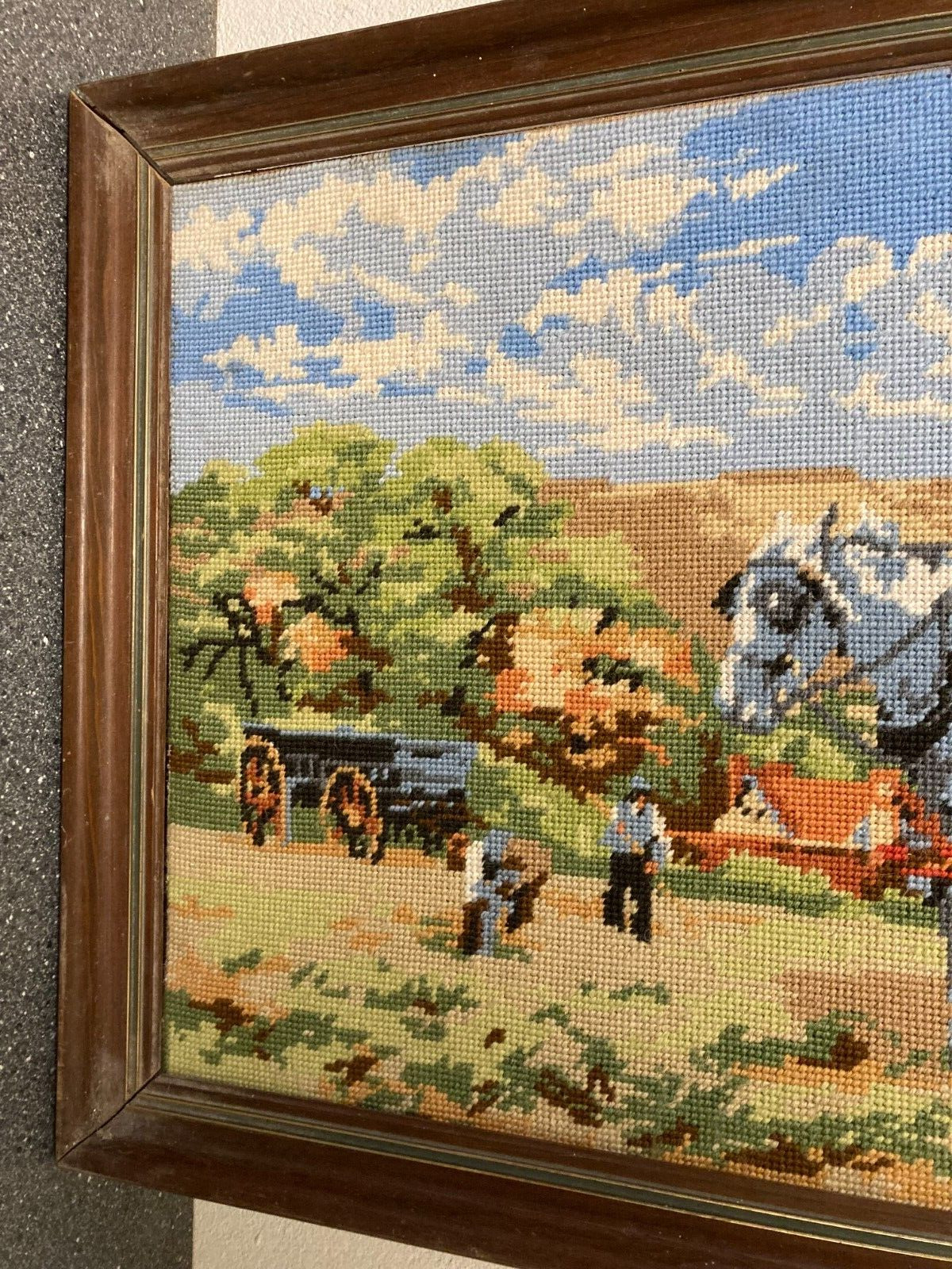 Danish Cross-Stitch Artwork Farmer with Horses Harvest Scene W82cm L44 Framed