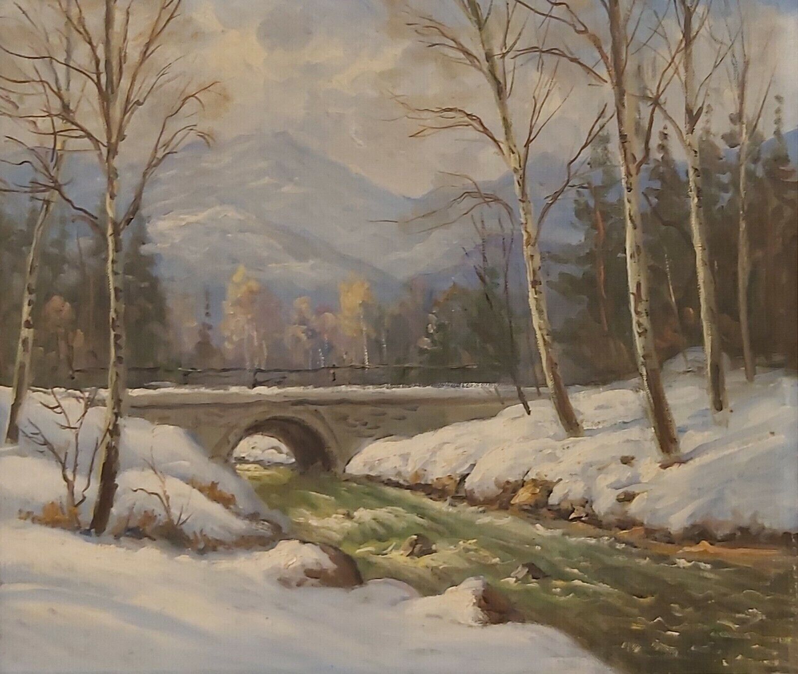 OLD STONE BRIDGE OVER FROZEN RIVER original antique oil painting