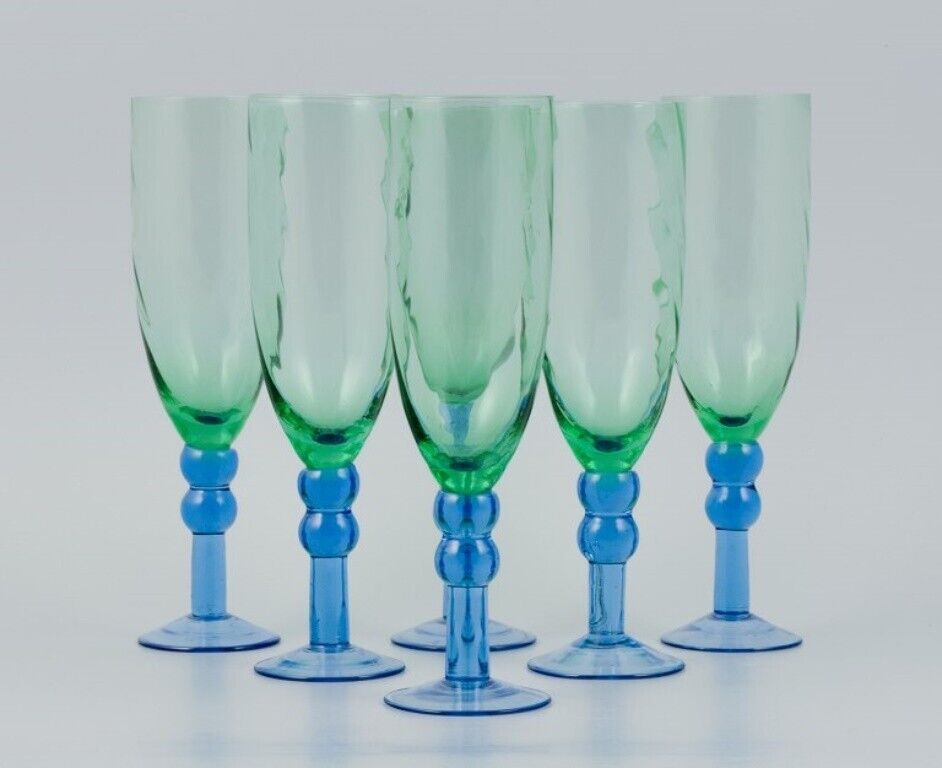 Scandinavian glass artist Set of six champagne glasses in green and blue glass