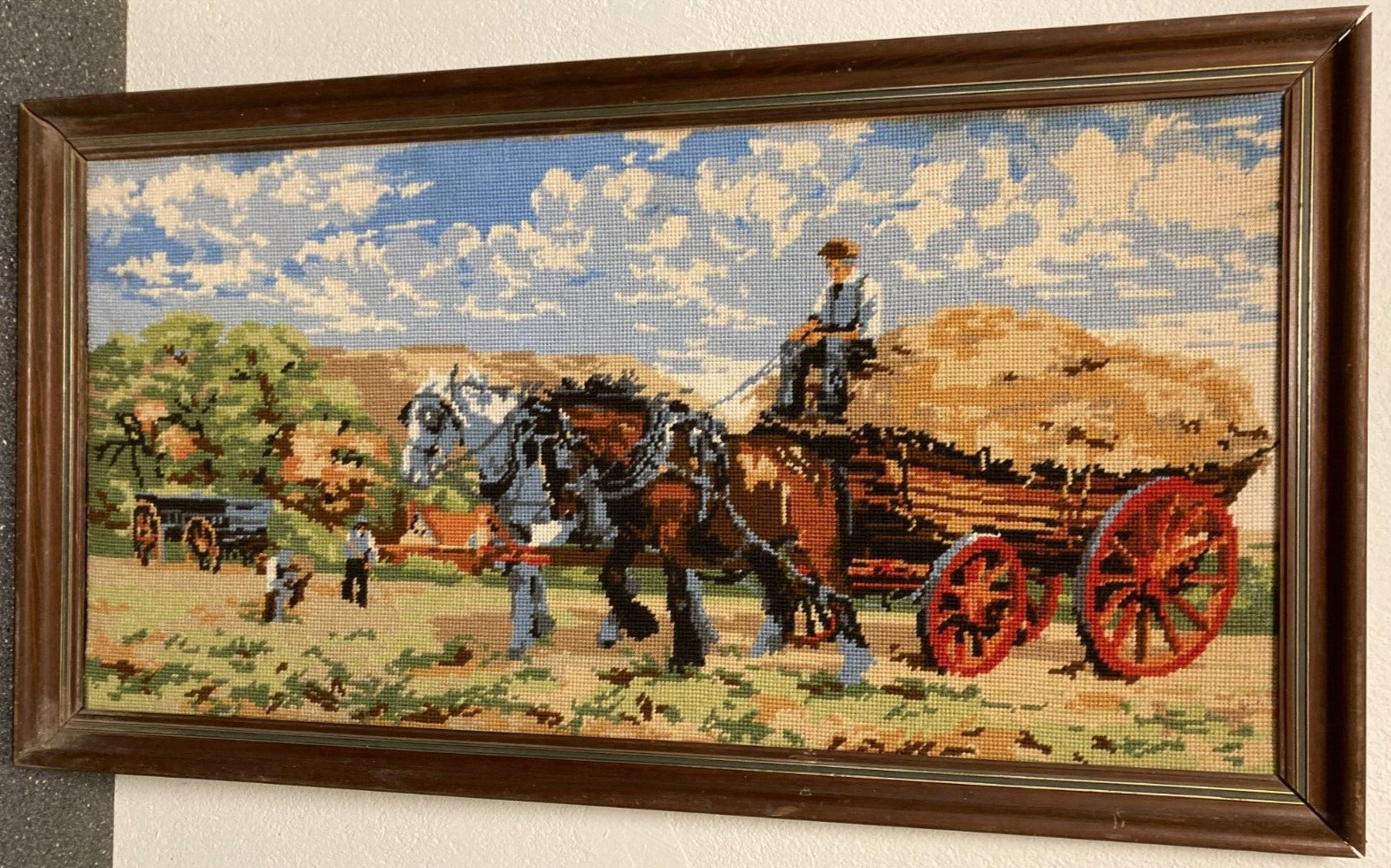 Danish Cross-Stitch Artwork Farmer with Horses Harvest Scene W82cm L44 Framed