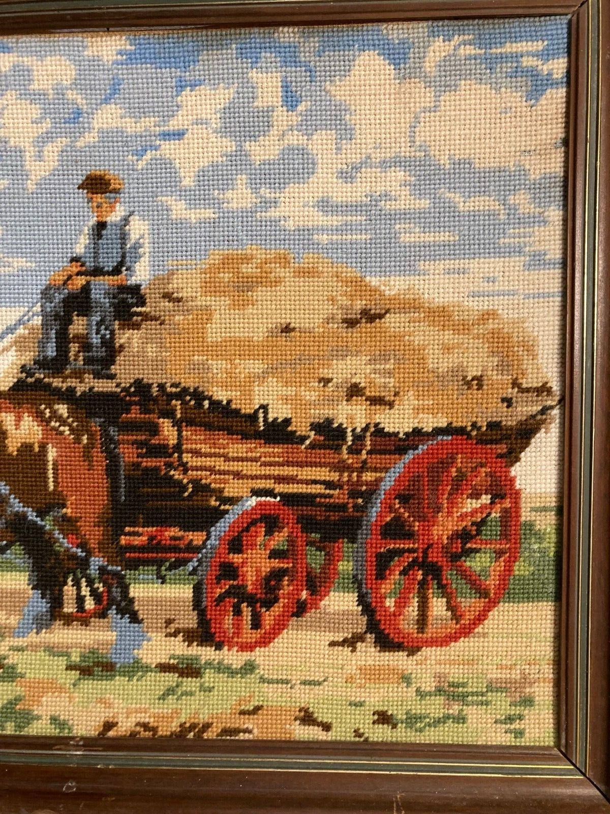 Danish Cross-Stitch Artwork Farmer with Horses Harvest Scene W82cm L44 Framed