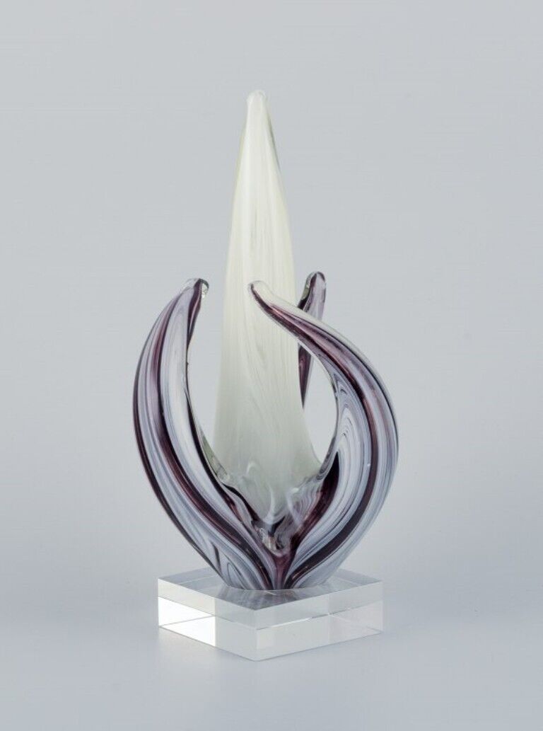 Murano Italy art glass sculpture in purple and white glass