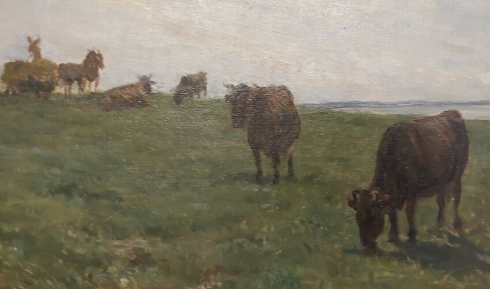 Thorvald Hansen (1878-1955): GRAZING COWS ON GREEN MEADOW FARMER HORSE CART