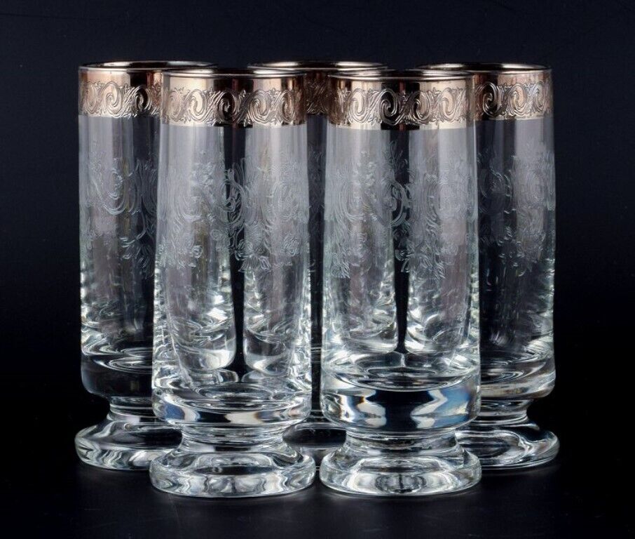 Murano Italy five mouth-blown and engraved drinking glasses with silver rim